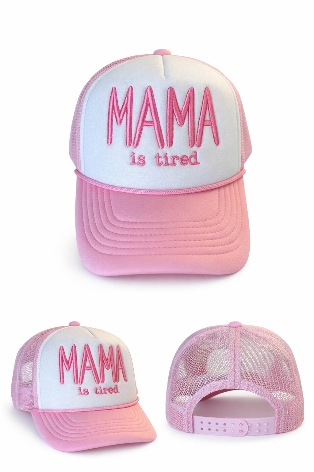 “MAMA is Tired” Embroidered Pink Trucker Hat – Funny Mom Hat | Adjustable Mesh Snapback Cap