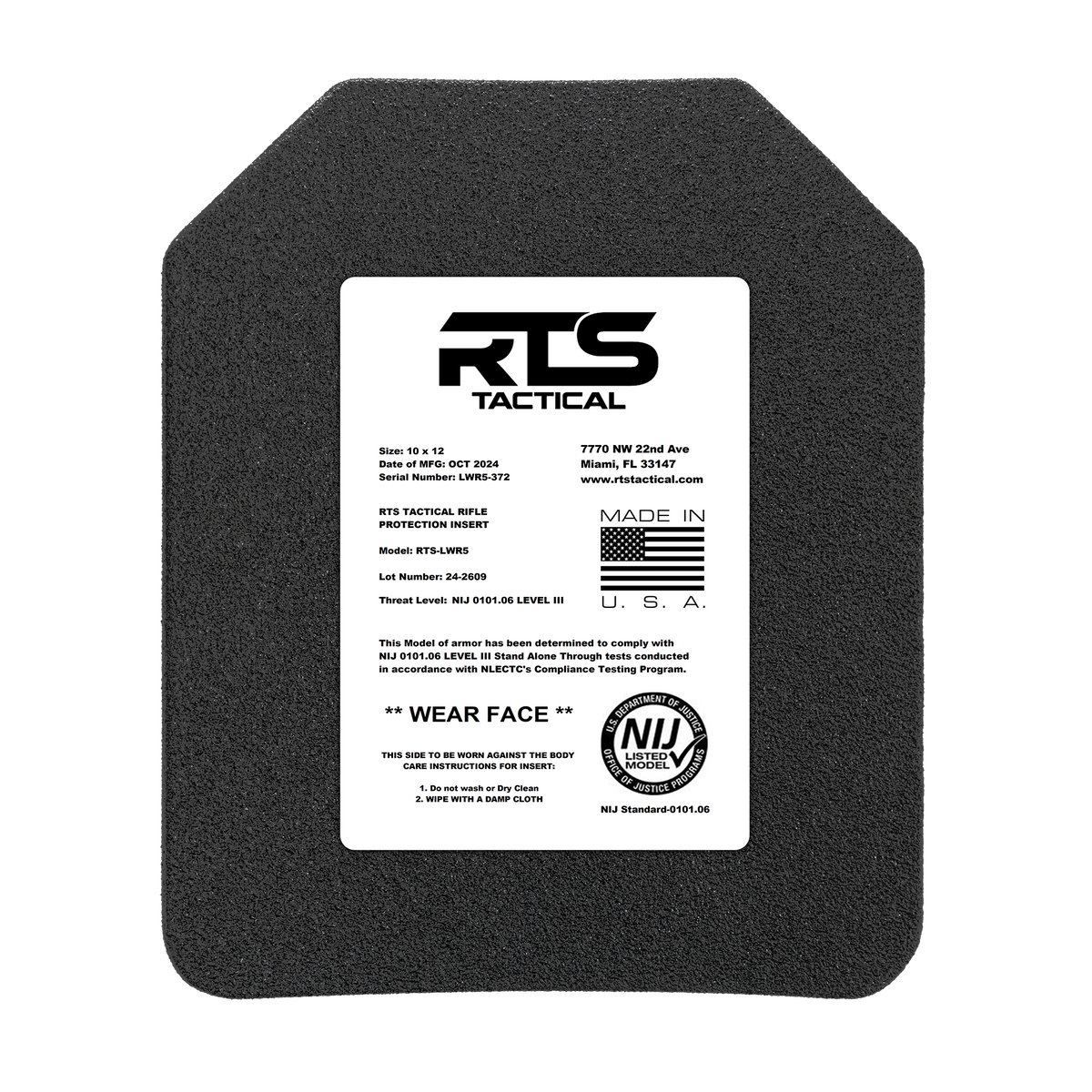 RTS Tactical LWR5 Rifle Special Threats NIJ 0101.06 Level III+ Insert - 10X12